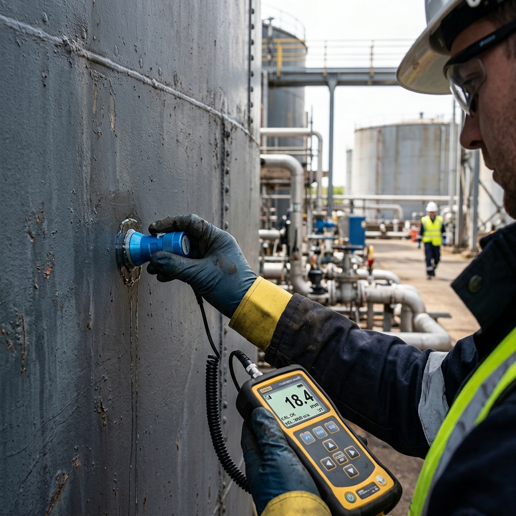 Ingenieros venezolanos realizando medición de espesores con equipo ultrasónico en tanque de almacenamiento durante inspección de equipos estáticos en industria petrolera