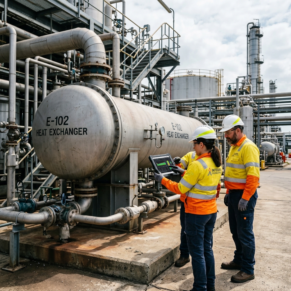 Ingenieros venezolanos revisando datos de inspección en tableta digital junto a intercambiador de calor durante inspección de equipos estáticos en planta industrial